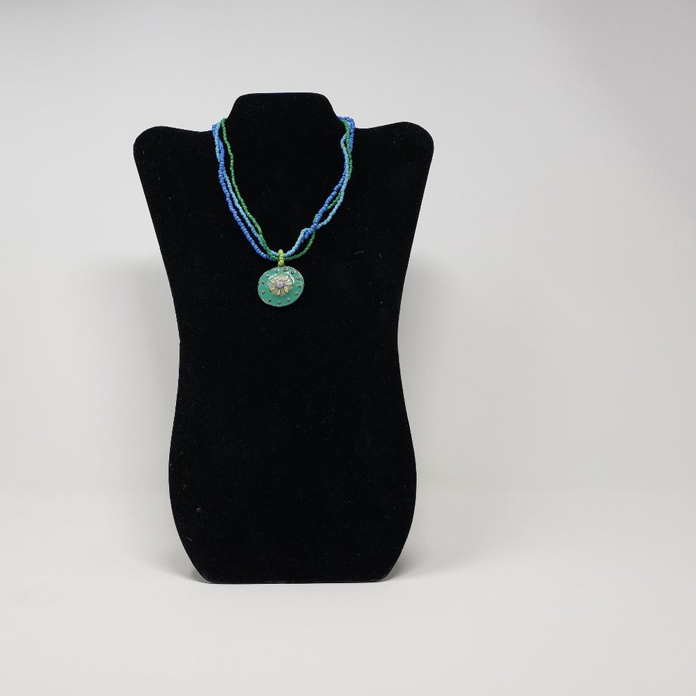 TriString Seed Bead Enameled Pendant Necklace